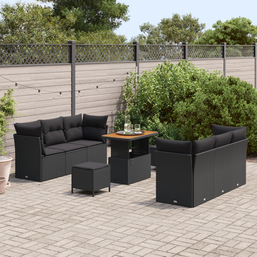 Set di divani da giardino  da 9 pezzi con cuscini in polyrattan nero e legno di acacia