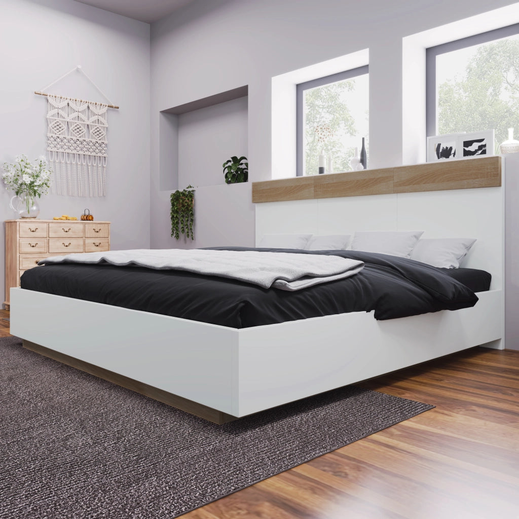 Letto matrimoniale in legno – 205x144x905 cm – sospeso testiera – rovere Sonoma/bianco