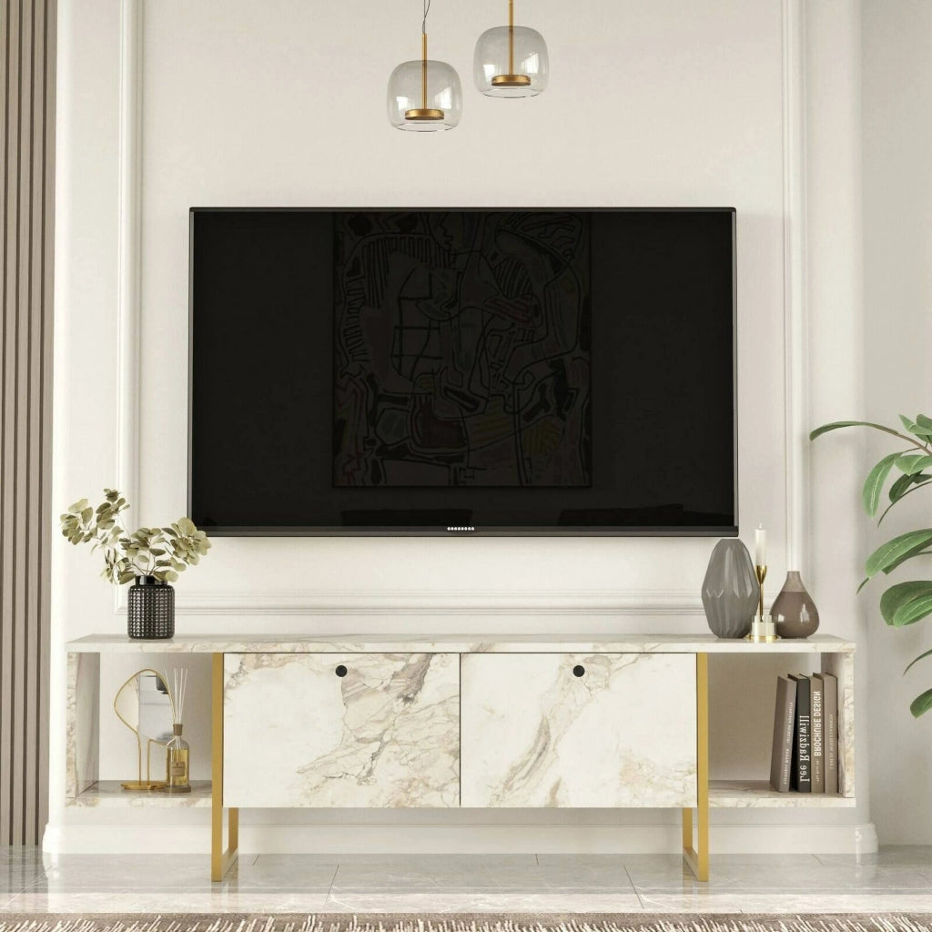 Mobile porta TV Adalberta, Credenza da soggiorno, Armadio basso per TV, Base parete attrezzata, 160x40h48 cm, Bianco e Oro