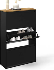 ESTER Zapatero de 3 puertas y 18 pares de metal negro con tapa de madera de diseño industrial