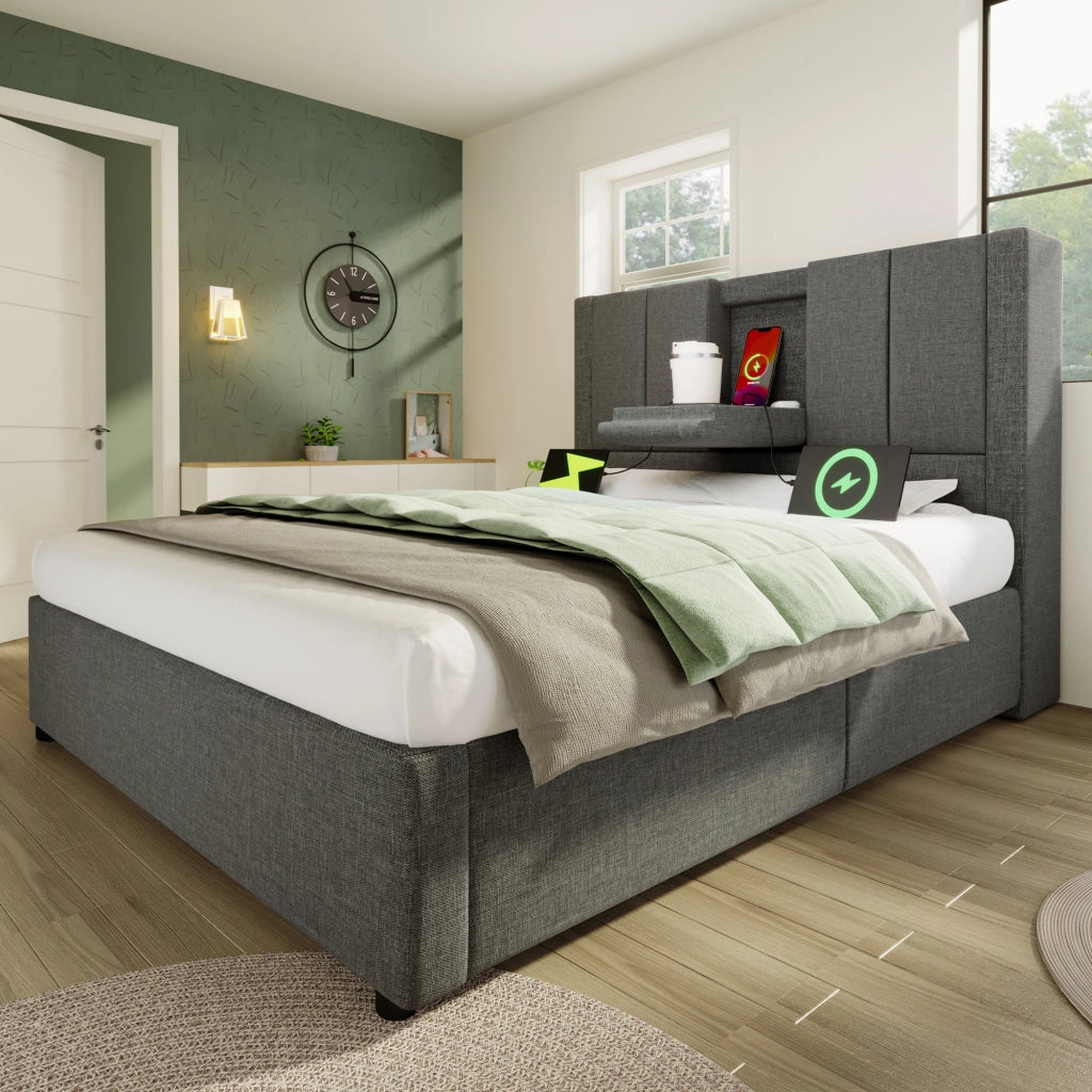LETTO Contenitore 90x200 cm in lino grigio con porta bicchiere e stazione di ricarica