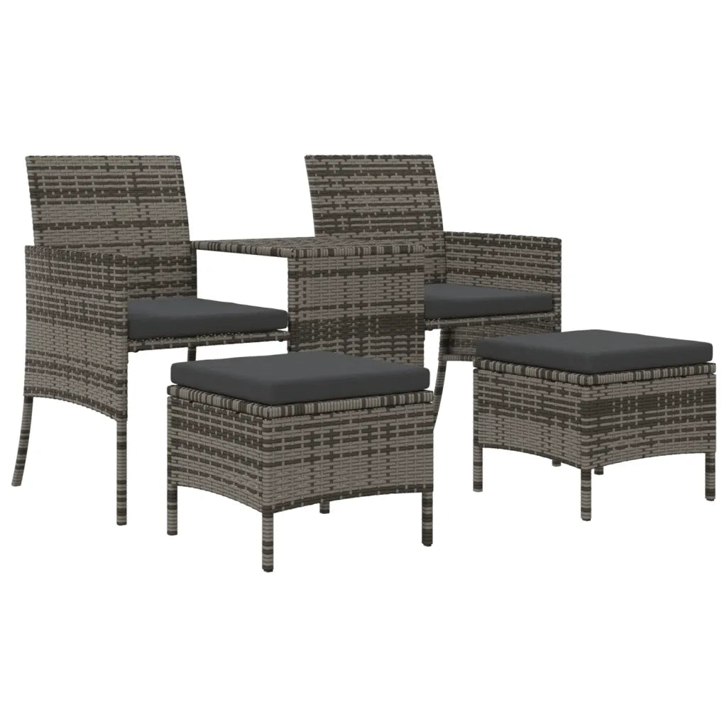 Divano Giardino 2 Posti con Tavolo e Sgabelli Grigio Polyrattan