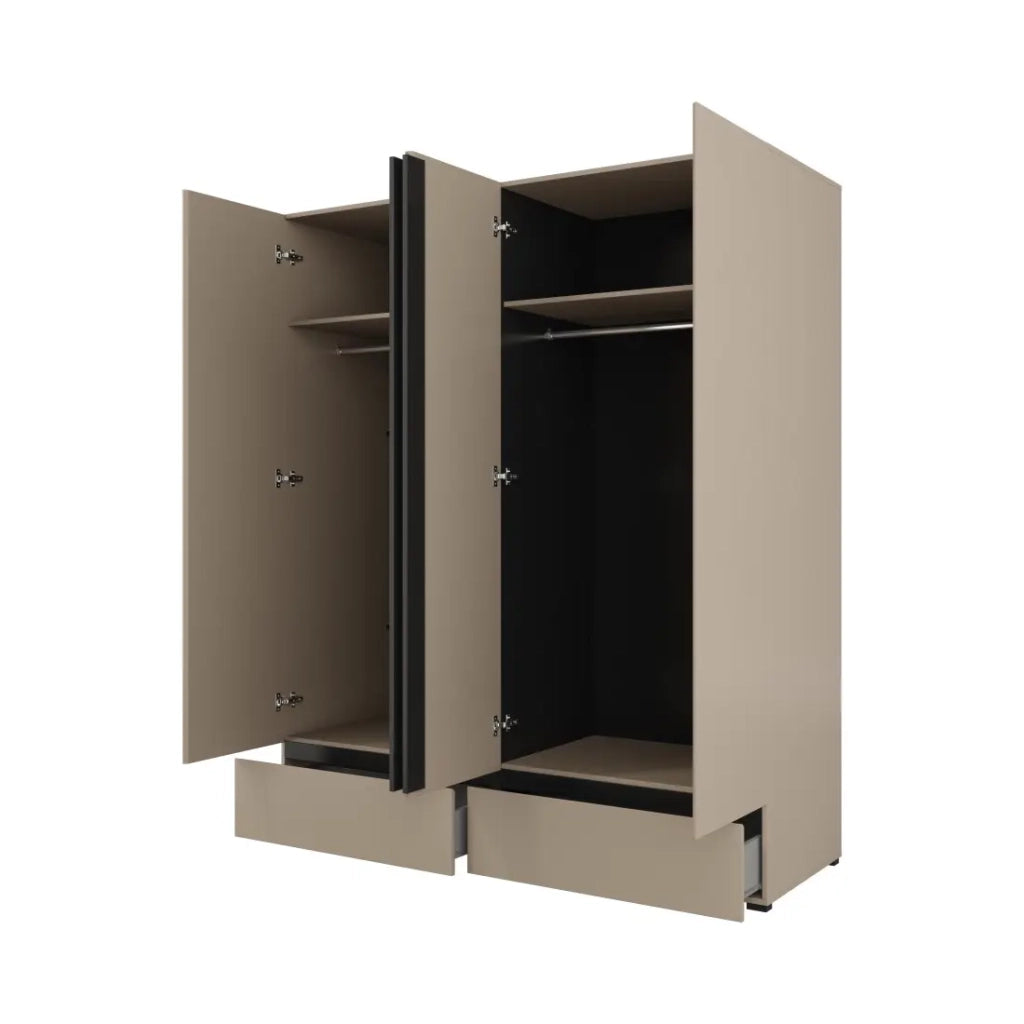 Camera completa HAVANA beige e nero – Letto 160x200, armadio 4 porte, comodini e cassettiera