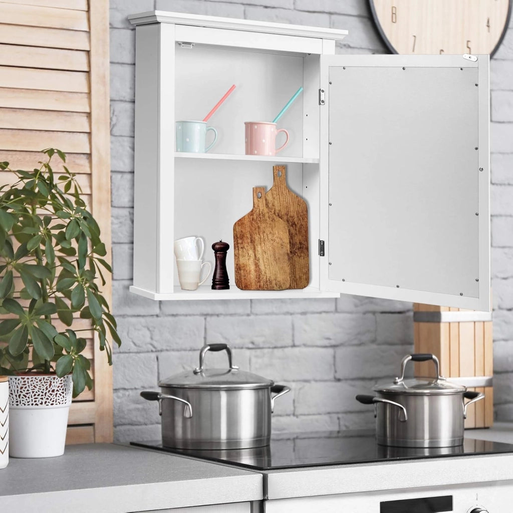 Armadietto a Specchio per Bagno, Mobiletto a Muro in MDF, con Ripiano Regolabile in Altezza, Pensile a Parete, 56 x 15 x 69 cm, 4 Colori (bianco)
