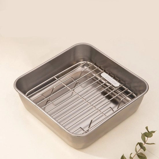 Set di teglia e griglia, teglia in acciaio inossidabile - teglia rettangolare - superficie antiscivolo - adatto per cucinare e friggere - accessori per air fryer - dimensioni 15,7 x 15,7 x 4,7 cm - Adatto per air fryer con capacità di 3,5 a 8 litri.