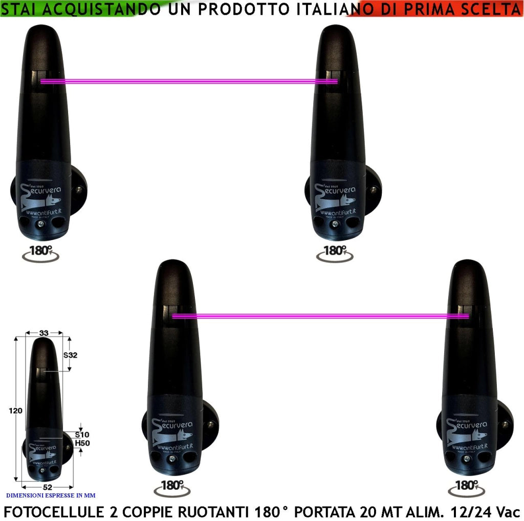 Fotocellule Sicurezza Movimento Cancello Elettrico 2 Coppie Trasmettitore e Ricevitore Portata 20 Metri Orientabili 180° in Orizzontale Montaggio a Parete Oppure Palina Alimentazione 12/24 Vac IP44