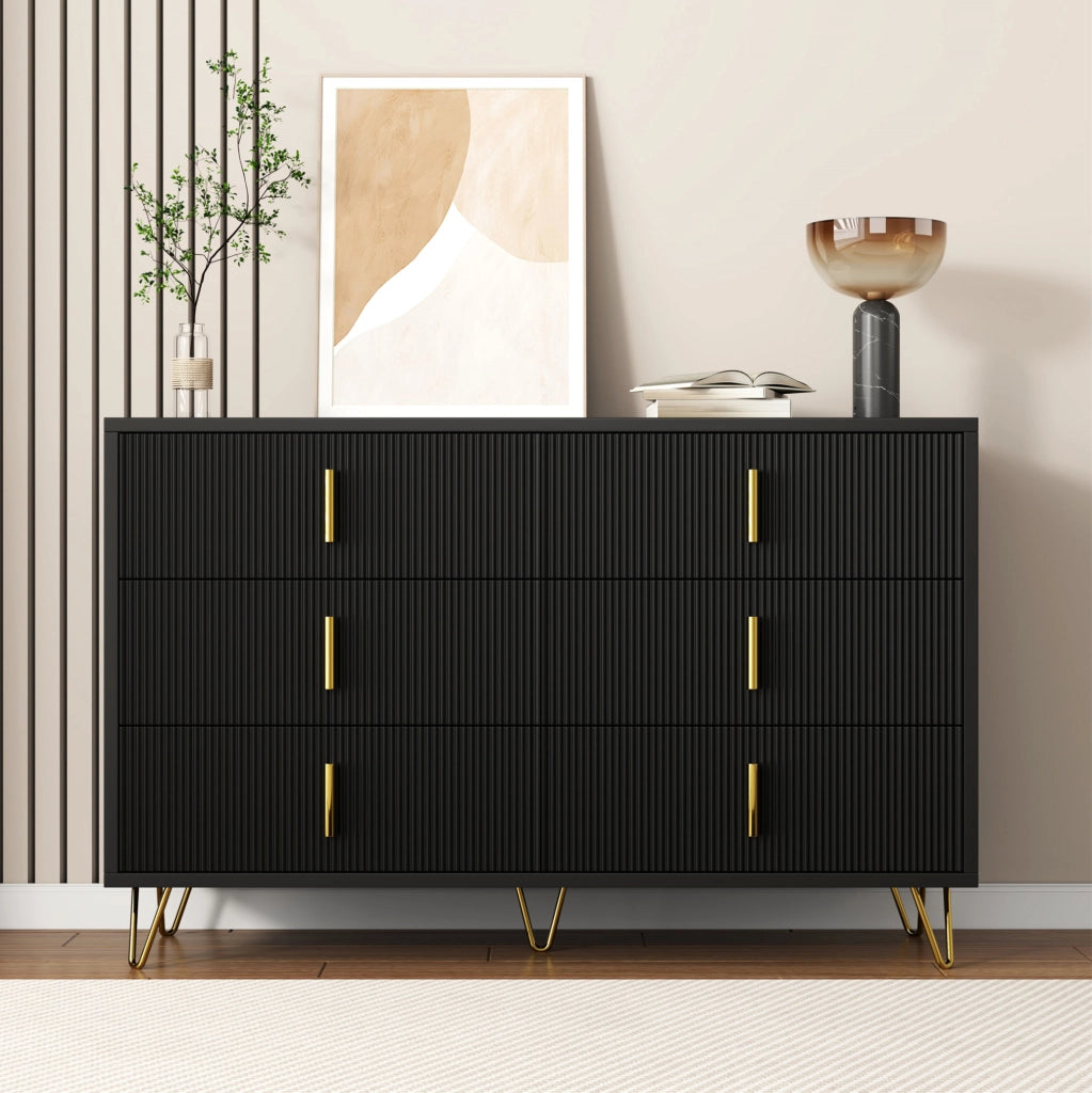 Sideboard 120x77x40 cm con 6 cassetti; design moderno; in truciolare nero e oro