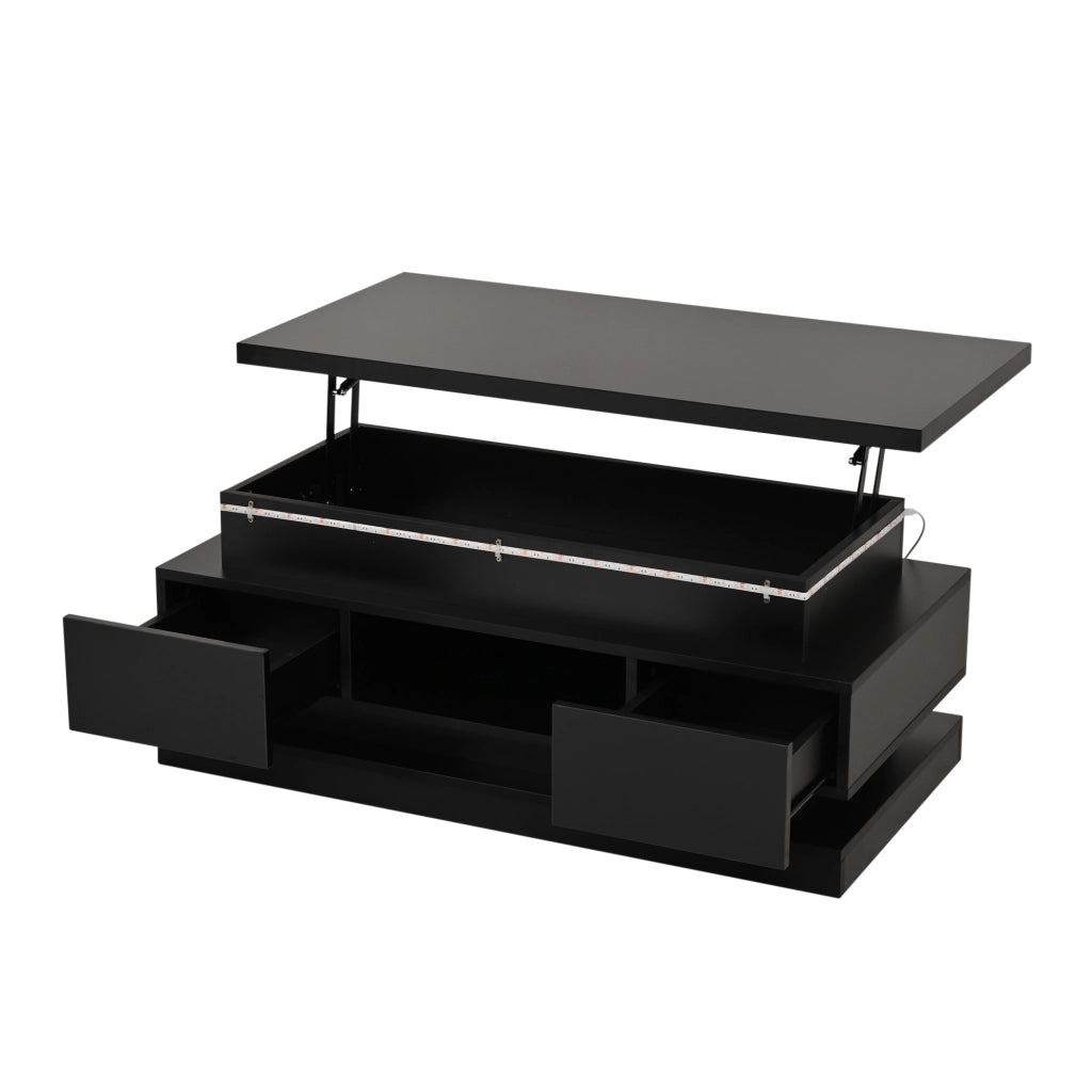 Tavolino basso sollevabile con LED, 2 cassetti e vano contenitore nascosto, per soggiorno, nero, 100 × 50 × 40 cm