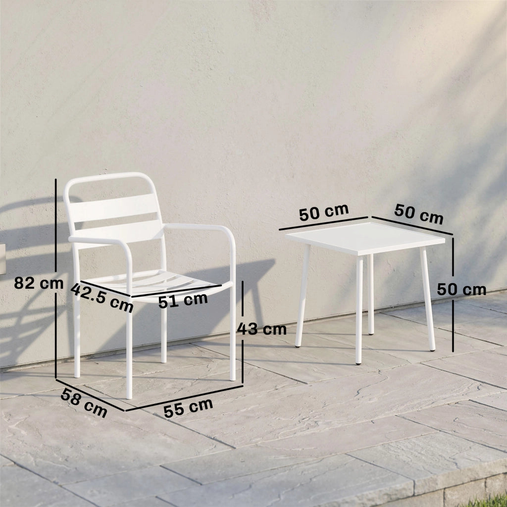 Set Bistr¨° 3 pezzi: tavolino in vetro e 2 sedie, arredo esterno bianco.
