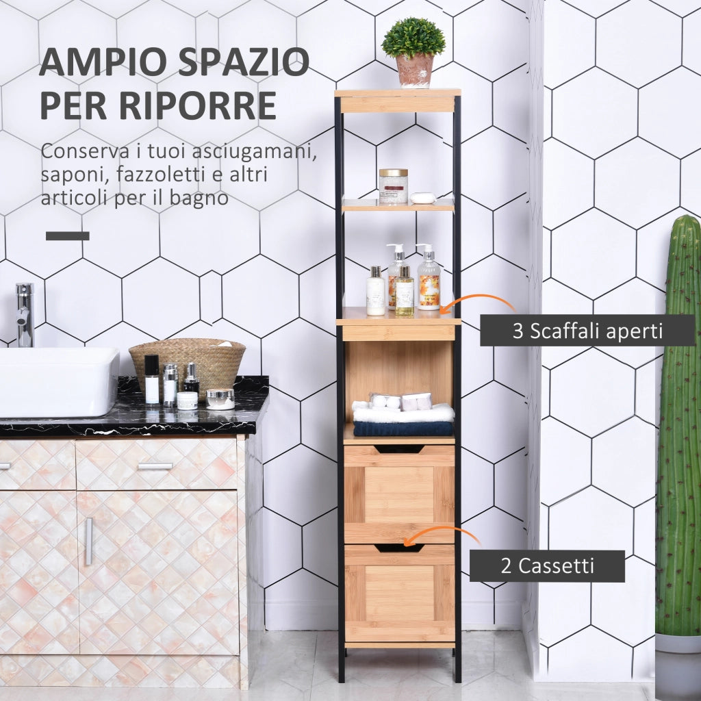Colonna Bagno con 2 Cassetti e 3 Vani Aperti in Legno MDF e Bamb¨´ 30x30x144.3 cm