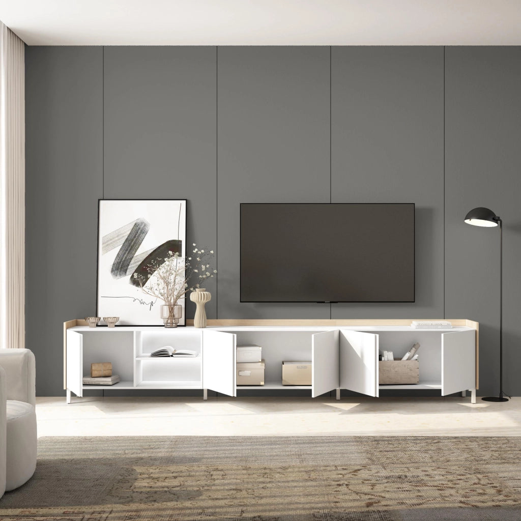 Mobile TV Soggiorno, 309x61x35 cm, Per TV fino a 80", Design industriale, LED, Bianco e Rovere soft