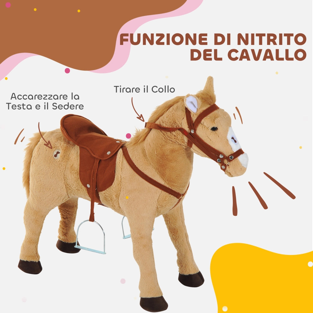 Cavallo Giocattolo con Suoni Realistici. Sella. Briglie e Poggiapiedi. 85x28x60 cm. Beige