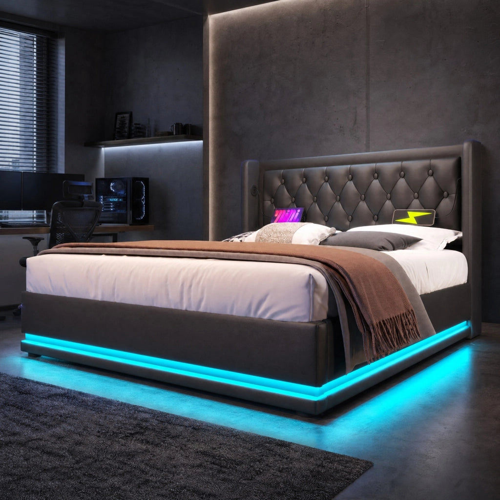 LETTO Contenitore 140x200 cm in PU Nero con USB e LED