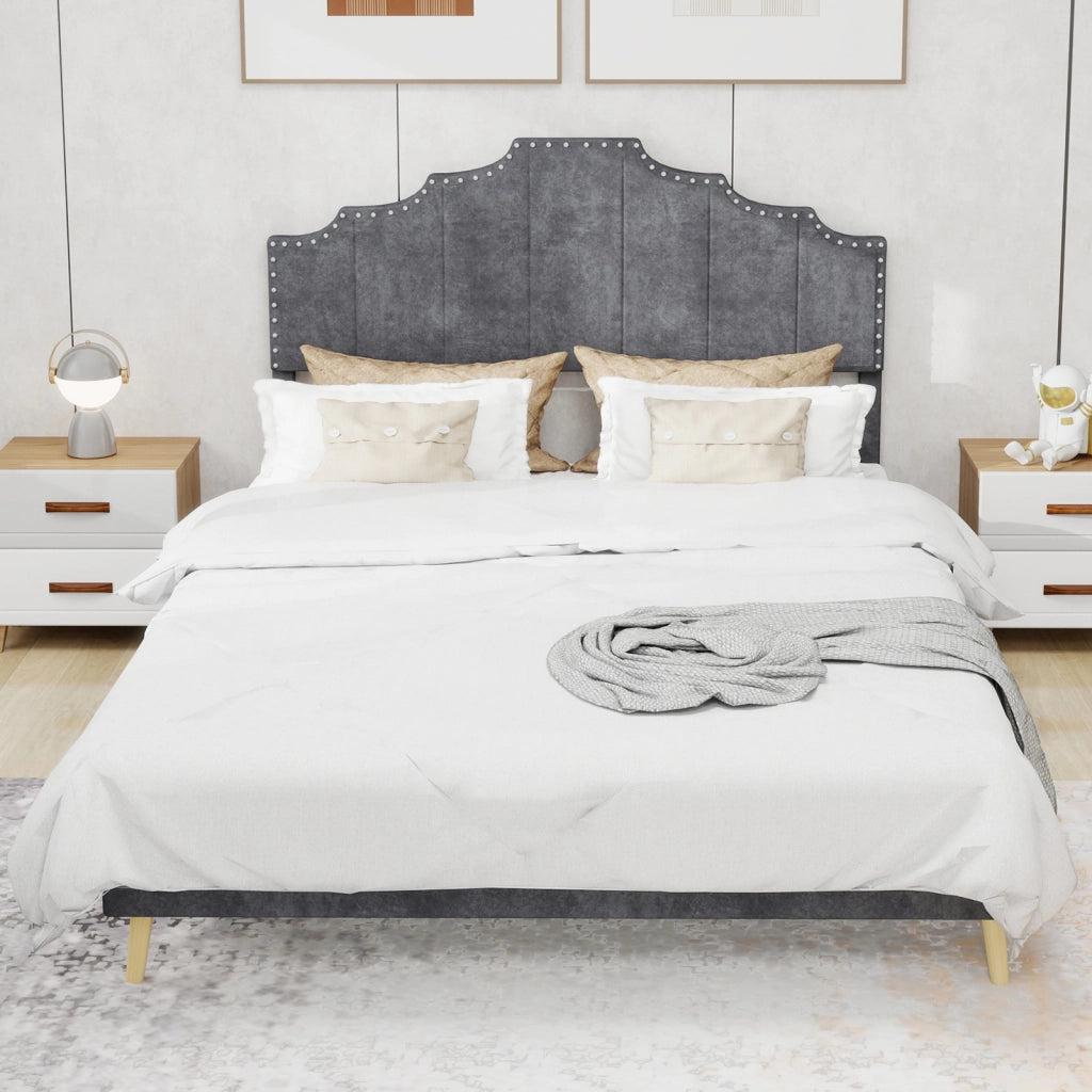 Letto 160x200 cm con Testiera Geometrica; Struttura in Tessuto e Metallo; Grigio