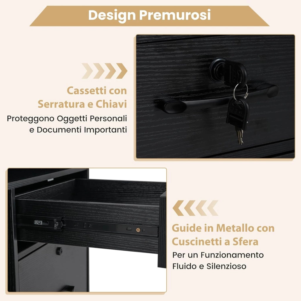 Armadietto Portadocumenti, Mobile da Ufficio Laterale con 4 Cassetti Adatto per File Formato A4/Lettera e 5 Ruote Universali Bloccabili, Credenza in Metallo per Scrivania (Nero)