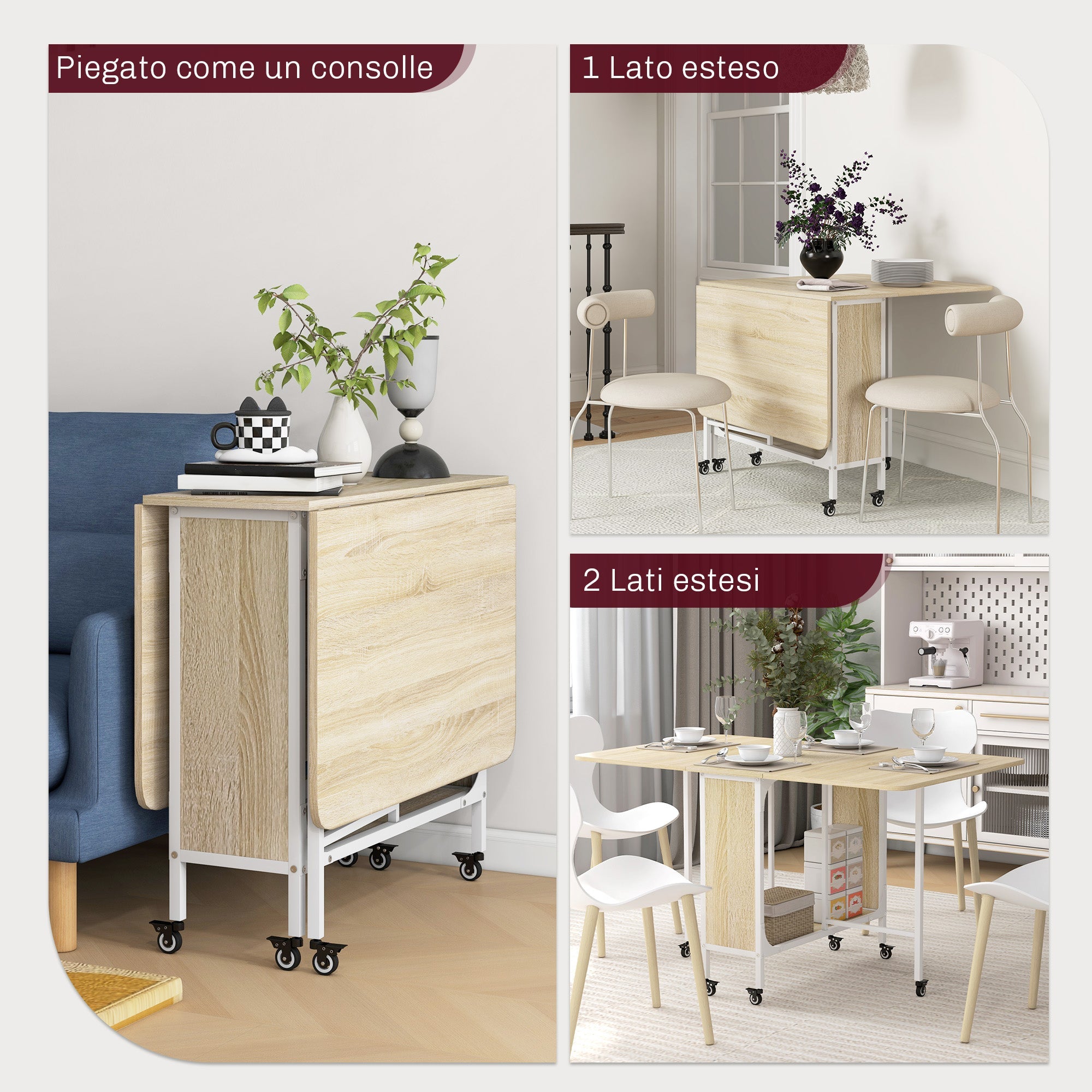 Tavolo Salvaspazio Pieghevole a 2 Ribalte per 6 Persone 130x80x74 cm Bianco e color Legno