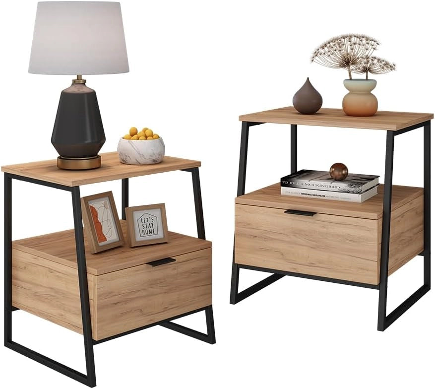 Comodino Lunor, Rovere rustico/nero, Set di 2