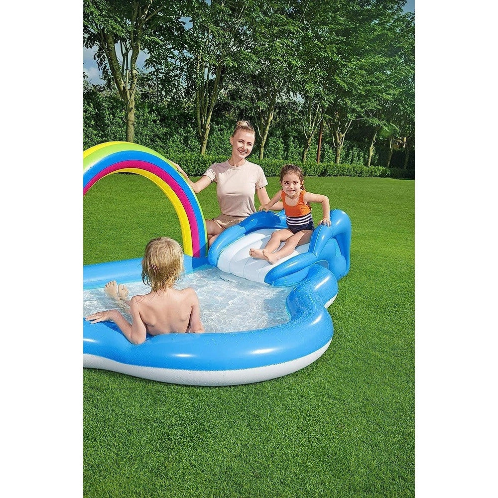Trade Shop - Piscina Per Bambini Arcobaleno 2 Anni+ Gonfiabile 257x145x91cm Con Scivolo 53092 -