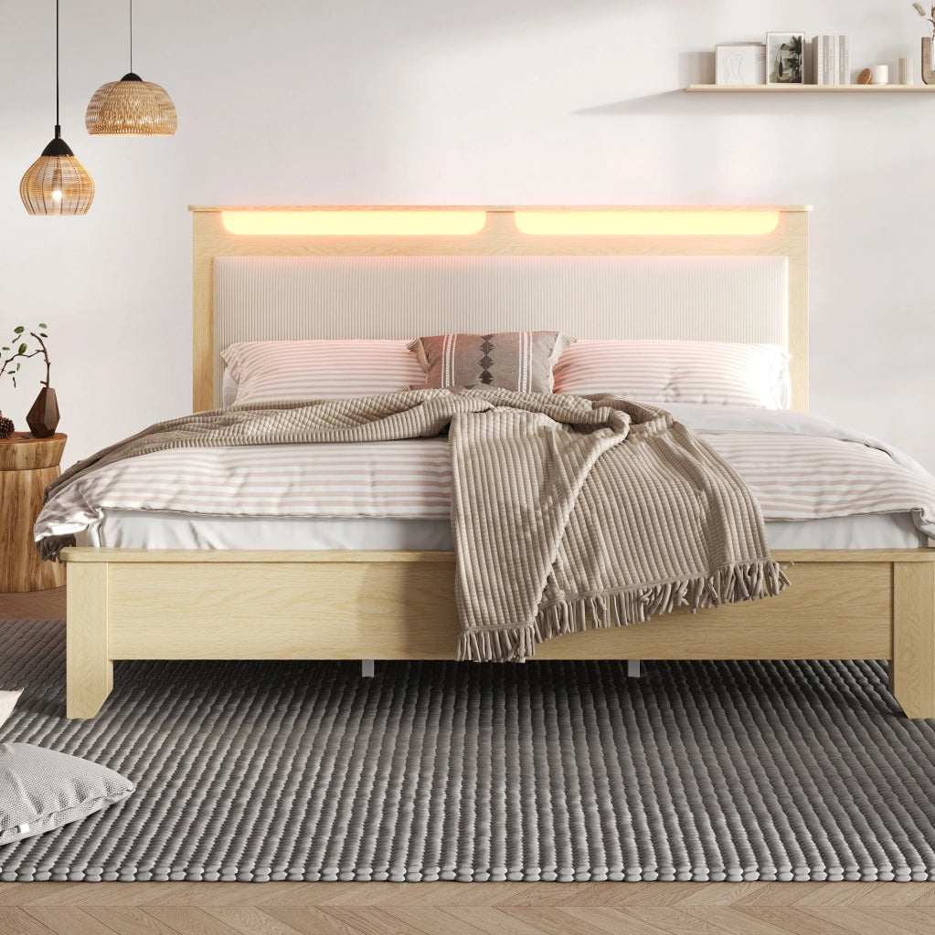 Letto matrimoniale 160x200 cm in legno e velluto a coste con LED e contenitore