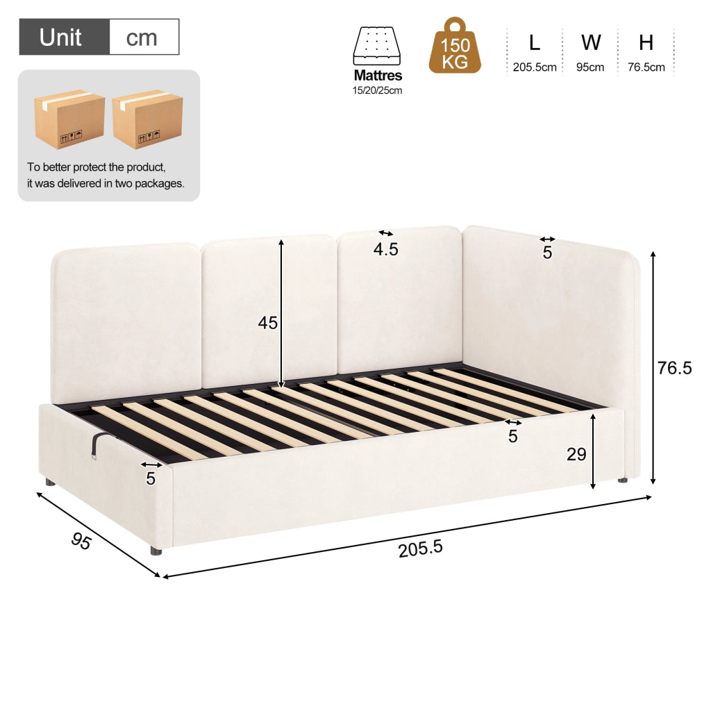 Letto contenitore 90 × 200 cm con sollevamento idraulico, lato reversibile, senza materasso, in velluto beige