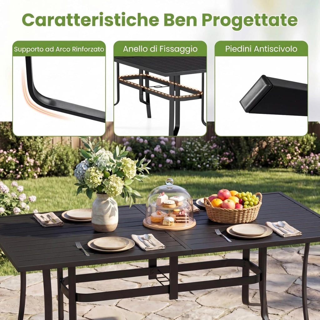 Tavolo da Giardino a 6 Posti in Metallo, Tavolo Esterno con Fori di Ombrellone, 160 x 84 x 73 cm, per Balcone, Terrazzo, Campeggio, Pranzo, Rettangolare, Resistente, Portata 150 kg
