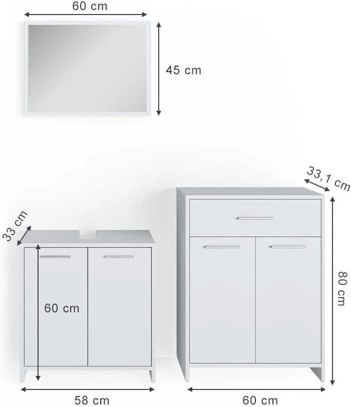 Set mobili bagno Kiko, Bianco, 58 cm, composto da mobile sottolavabo, specchiera e mobile medio
