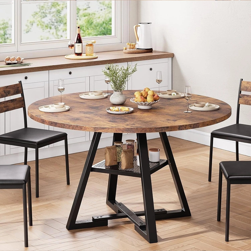 Tavolo per Sala da Pranzo Tondo Industrial con Ripiano Portaoggetti 120x120x76cm
