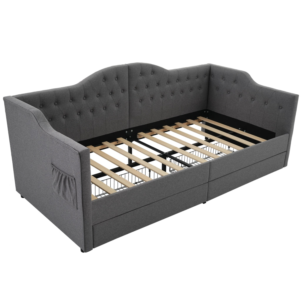 Letto daybed imbottito 90x200 cm in tessuto grigio con 2 cassetti, porta USB e Type-C, senza materasso
