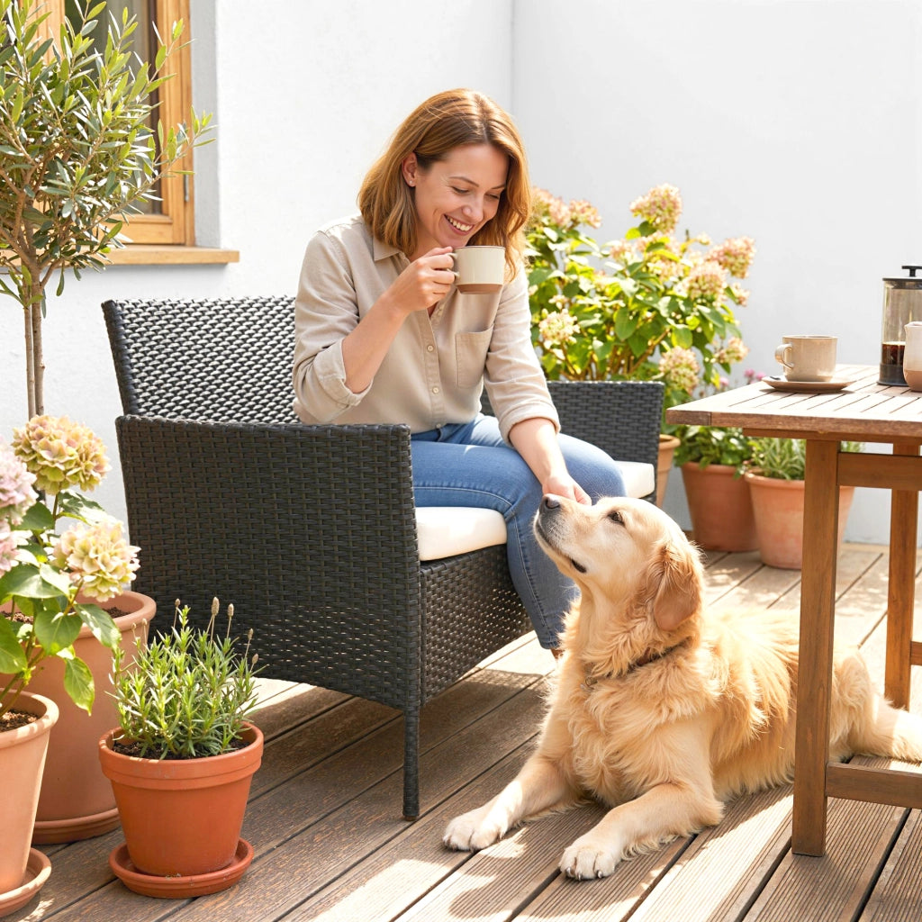 Divano da Giardino a 2 Posti con Cuscino e Braccioli in Rattan PE e Acciaio, 107x55x80cm, Nero