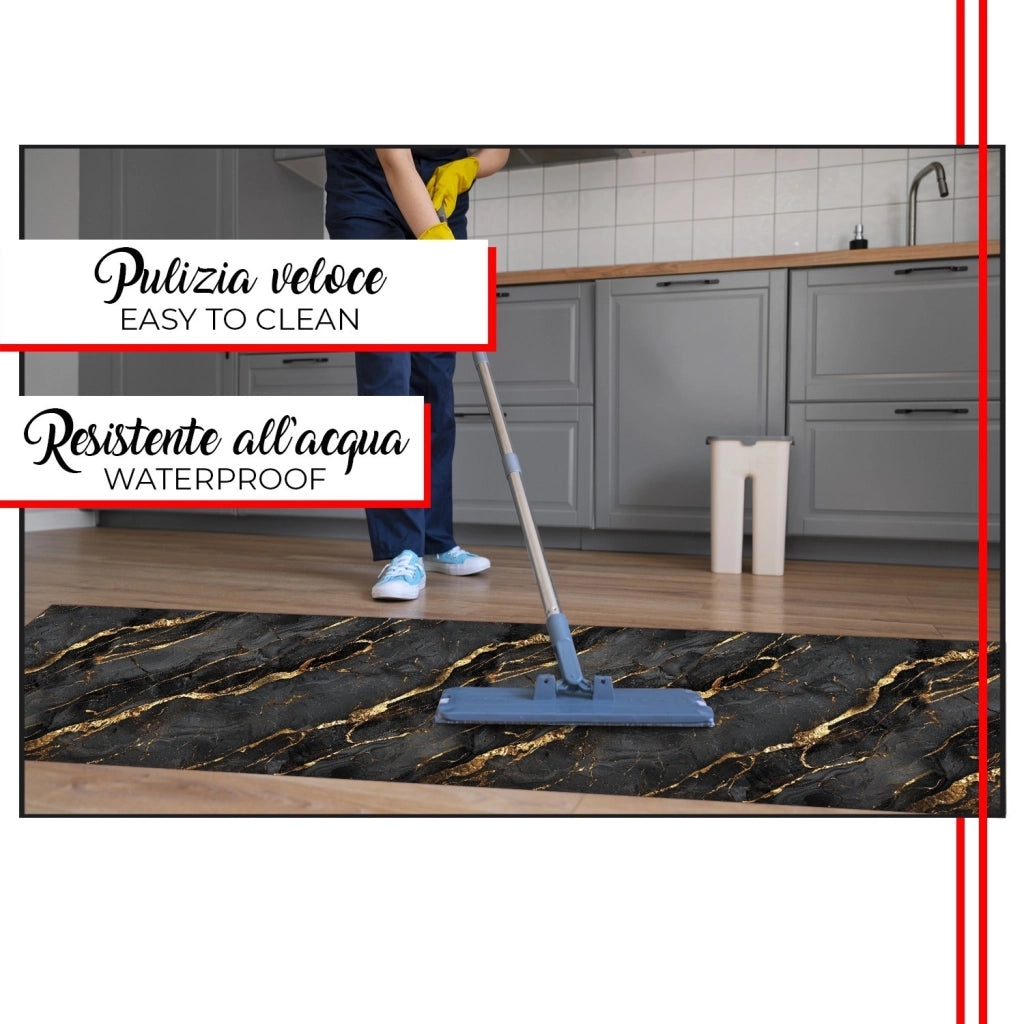 Tappeto Cucina Pvc Stampato Risoluzione HD Antimacchia Antiscivolo Marmo Scuro Venato Oro - 51x120 Cm