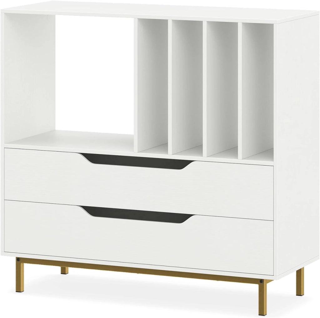 Mobile in vinile con scomparti aperti, 4 separatori, gambe metalliche e cassetti, mensola per dischi in legno per sala musica, soggiorno (bianco)