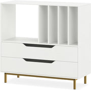 Mobile in vinile con scomparti aperti, 4 separatori, gambe metalliche e cassetti, mensola per dischi in legno per sala musica, soggiorno (bianco)