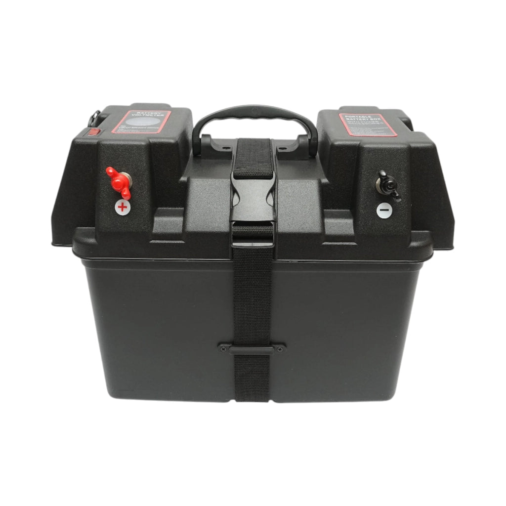 Scatola batteria auto 12 V con voltmetro DC 6–36 V, interruttore circuito 16 A, 2 prese accendisigari, display LCD, 2×USB, 340×195×200 mm.