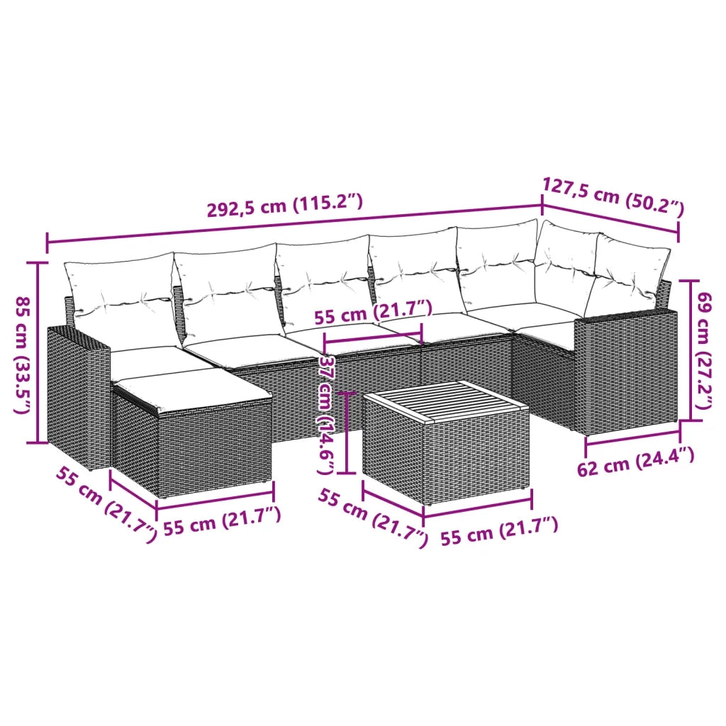 Set Divano da Giardino 8 pz con Cuscini Beige in Polyrattan