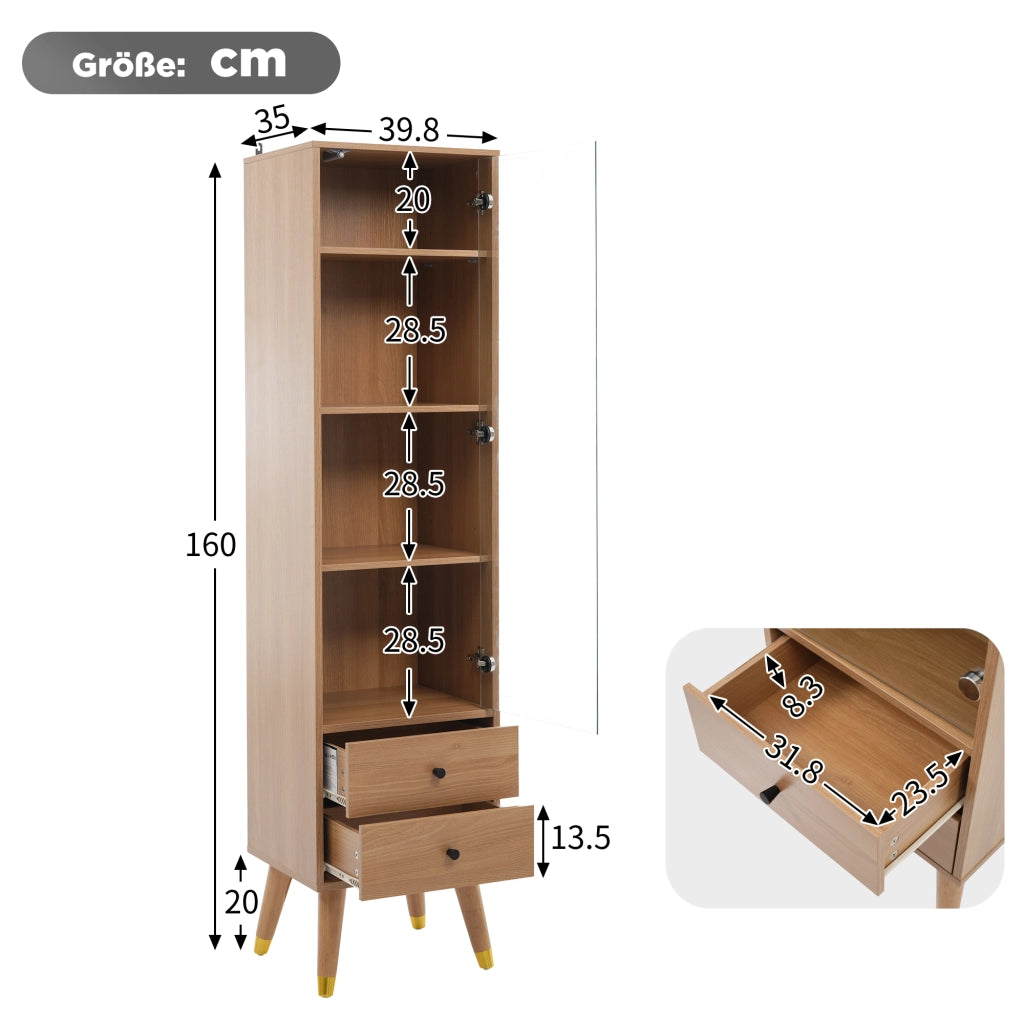 Vetrina con porta in vetro, 3 ripiani regolabili, 2 cassetti e push-to-open per soggiorno, in MDF effetto legno