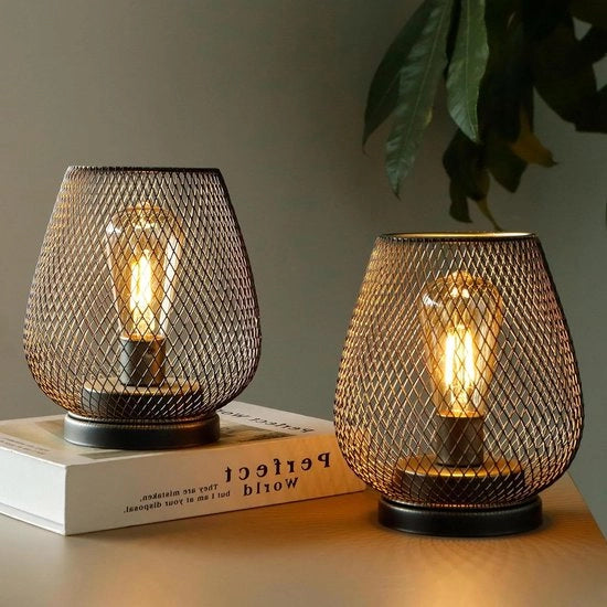 Set di 2 Lampada a LED senza fili in forma di gabbia - 17cm di altezza - Lampada da tavolo per patio giardino - Matrimoni - Feste - Indoor Outdoor - Miele.