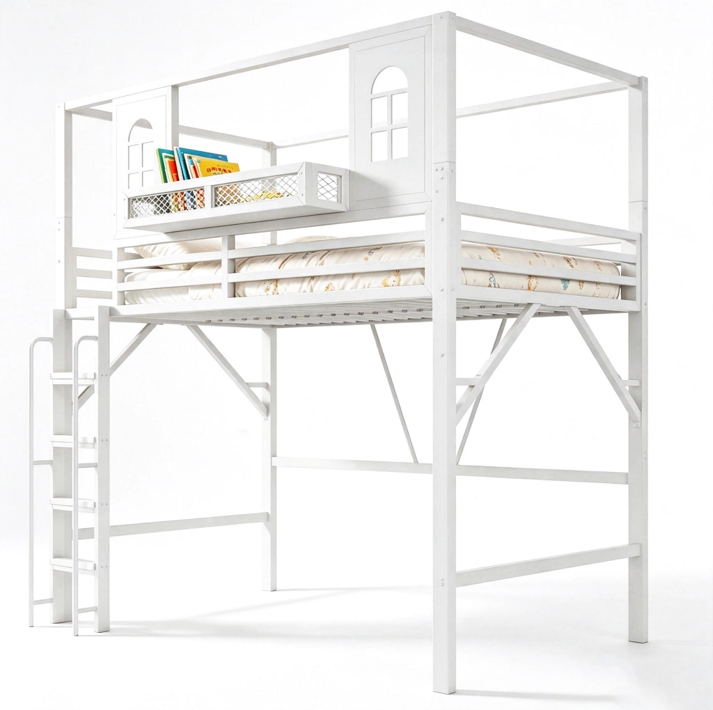Letto a soppalco ULEVR 90x200 cm con tetto e finestre, scala con corrimano e ripiano, bianco