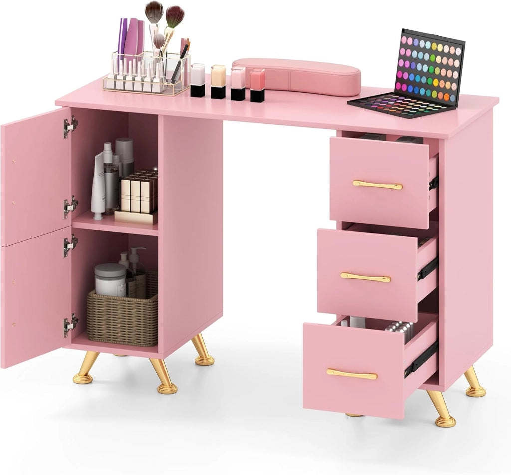 COSTWAY Tavolo per Manicure, Tavolo per Unghie con Cassetti, Cuscino Poggia Polsi e Gambe in Metallo, Stazione per Unghie Estetista Nail Art per Salone di Bellezza (Rosa)