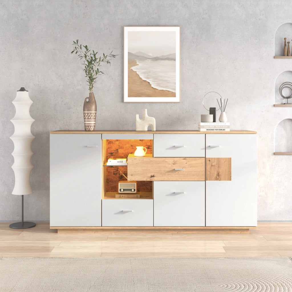 OKWISH Credenza Contenitore con 2 Ante e 4 Cassetti, Ripiani Regolabili e LED, per Soggiorno, MDF, 160 x 40 x 77 cm