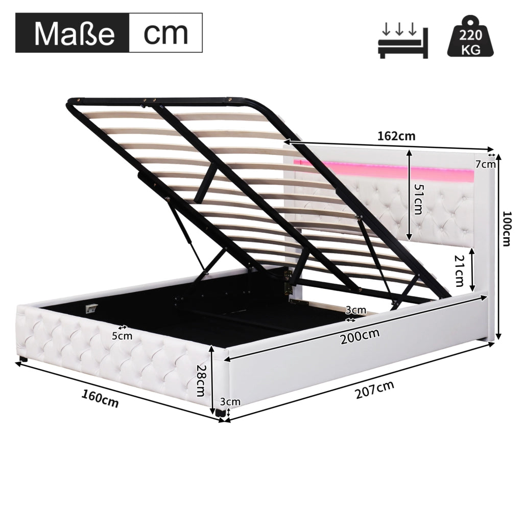 Letto imbottito 160x200 cm; contenitore e LED; PU bianco (Senza materasso)