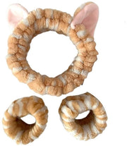 Set di accessori per capelli, composto da una fascia per capelli e due elastici, accessori per capelli flessibili, orecchino peluche per gatti, adatto per la pulizia del viso e la rimozione del trucco.