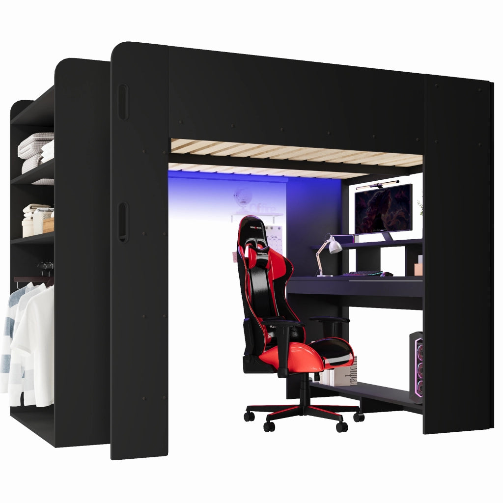 Letto a soppalco 140x200 cm con scrivania; armadio; LED e vani nero