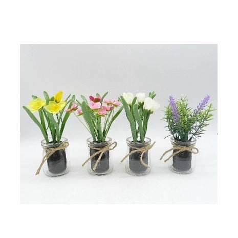 VASO CON FIORI D.5,5XH16CM ASSORTITI IN VETRO TRAS