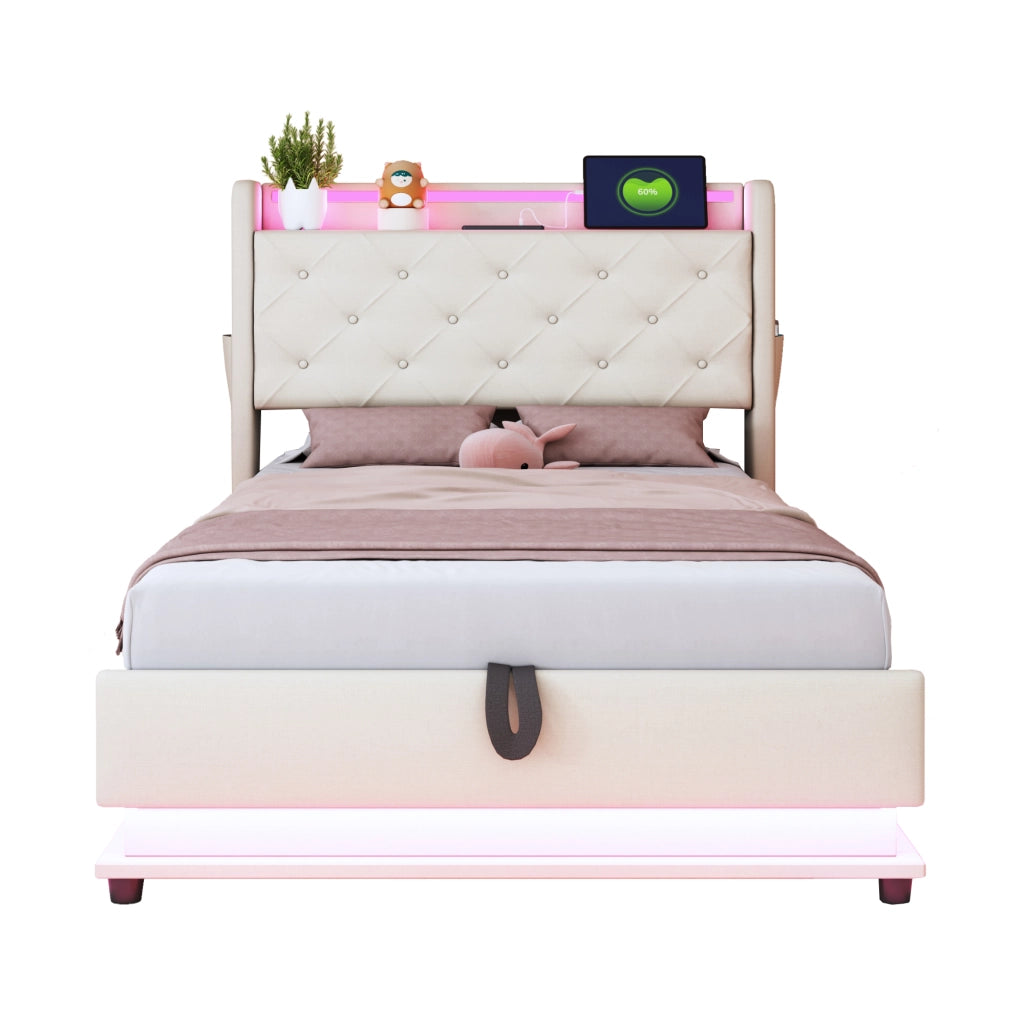 Letto Singolo 90x200 cm; Contenitore; LED; 3 USB e Type-C; in Lino Beige