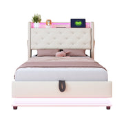 Letto Singolo 90x200 cm; Contenitore; LED; 3 USB e Type-C; in Lino Beige