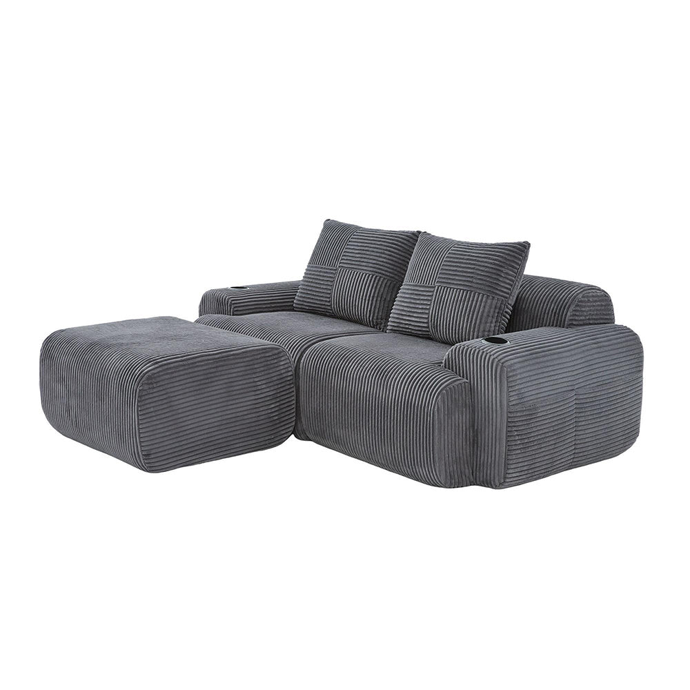 Canap¨¦ modulable in velluto costato per 2 persone - Xylo - Con pouf, porta-bevande e tascone laterale