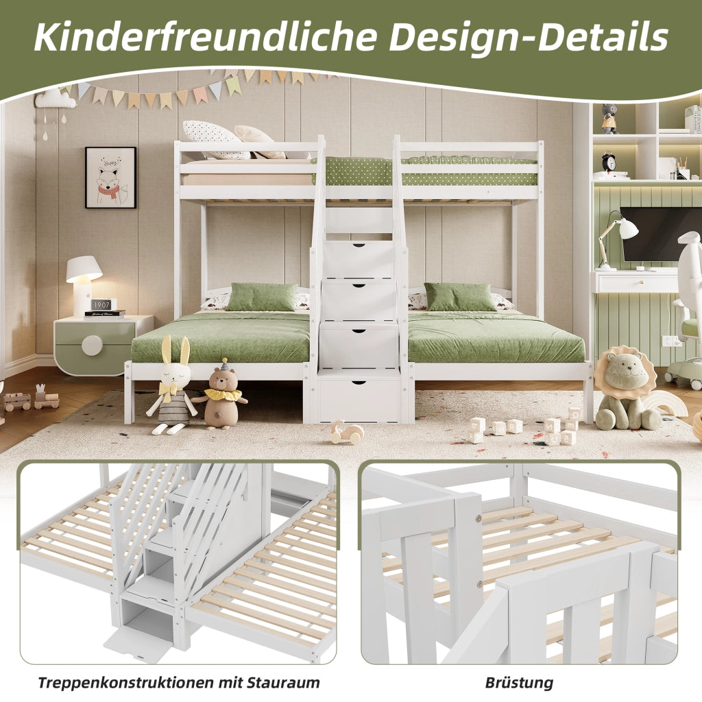 OKWISH Letto a Castello 90×200 cm, Letto 3 Posti con Scala Contenitore, Cassetti e Sponde, senza Materasso, in Pino, Bianco