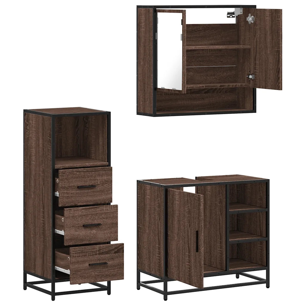 Set Mobili da Bagno 3 pz Rovere Marrone in Legno Multistrato