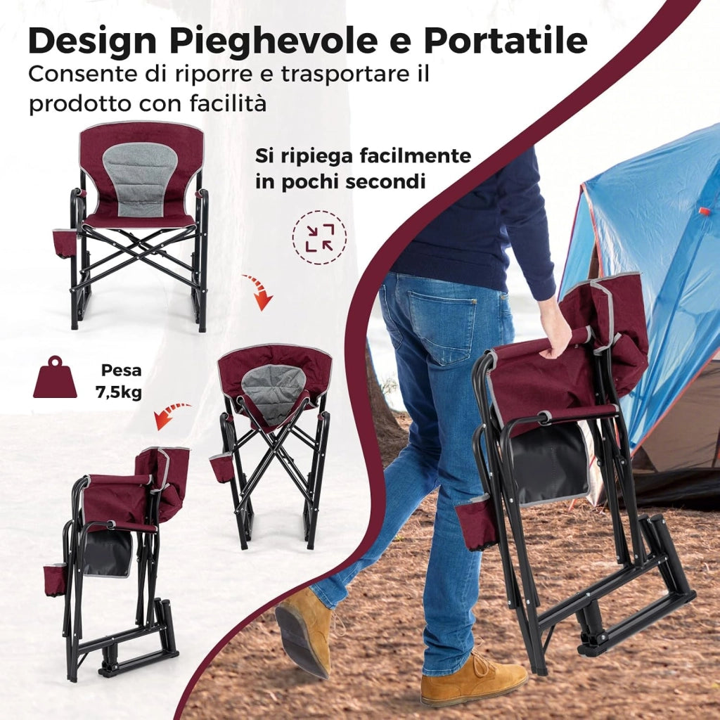 Poltrona a Dondolo da Campeggio, Sedia Pieghevole e Portatile con Molla Doppia, Schienale Imbottito, Braccioli, Porta Bicchieri, Sedia da Campeggio per SPiaggia Picnic, Portata 150 kg