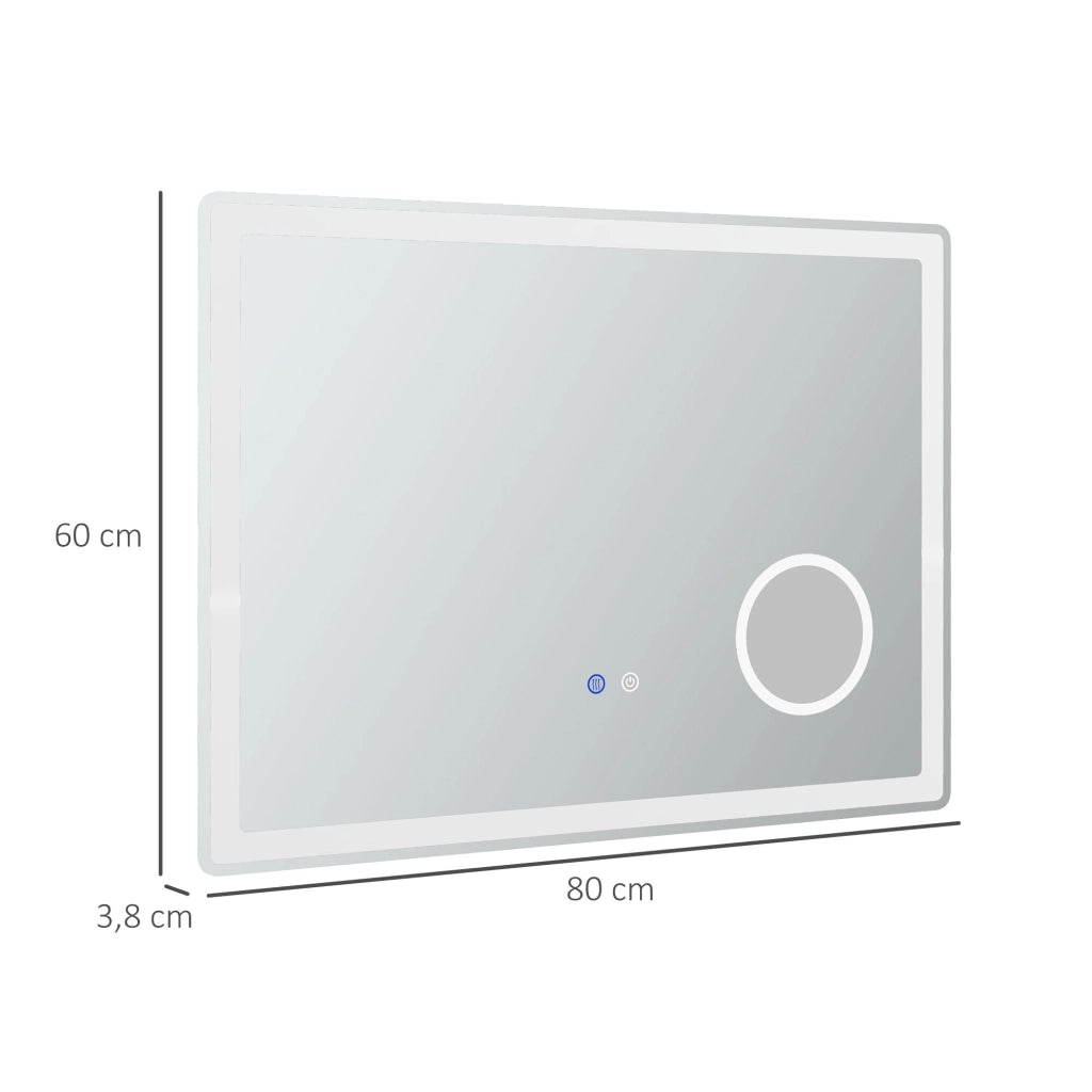 Specchio da bagno a LED con ingrandimento 3x e funzione touch, 80x60 cm, 3 colori di luce, antiappannamento.